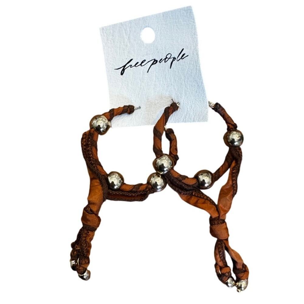 Free People Wrapped Ribbon Hoop Earrings NWT Brown and Silver Tone Beads Boho